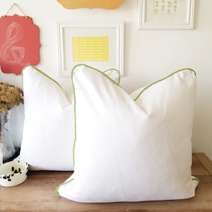 White Cotton Pillow Cover with  Peridot Velvet Piping Detail