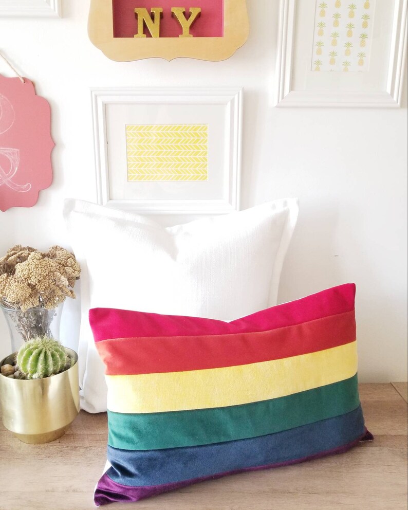 Rainbow Stripe Velvet Lumbar Pillow 12x20 inch image 2