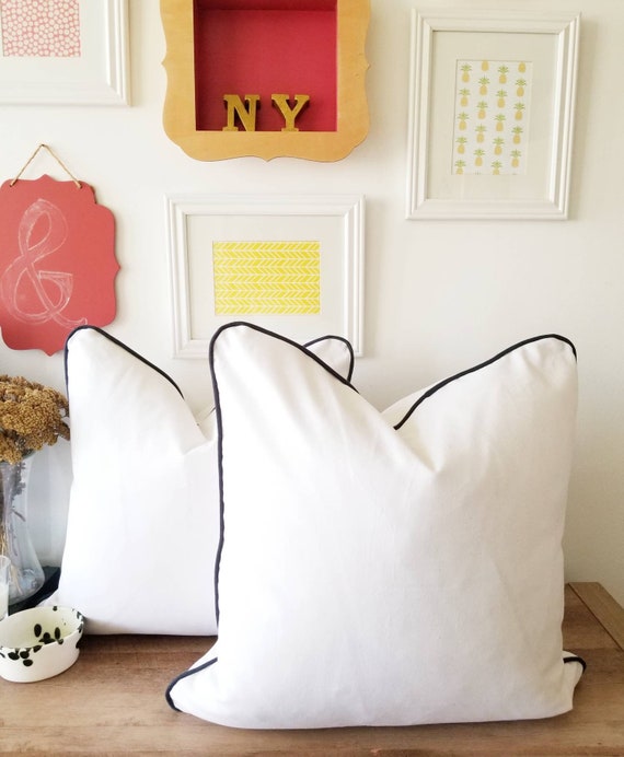 White Cotton Pillow Cover with Sapphire piping Trim, Decorative Pillow, Throw