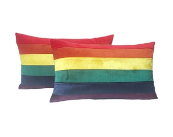 Rainbow Stripe Velvet Lumbar Pillow 12x20 inch