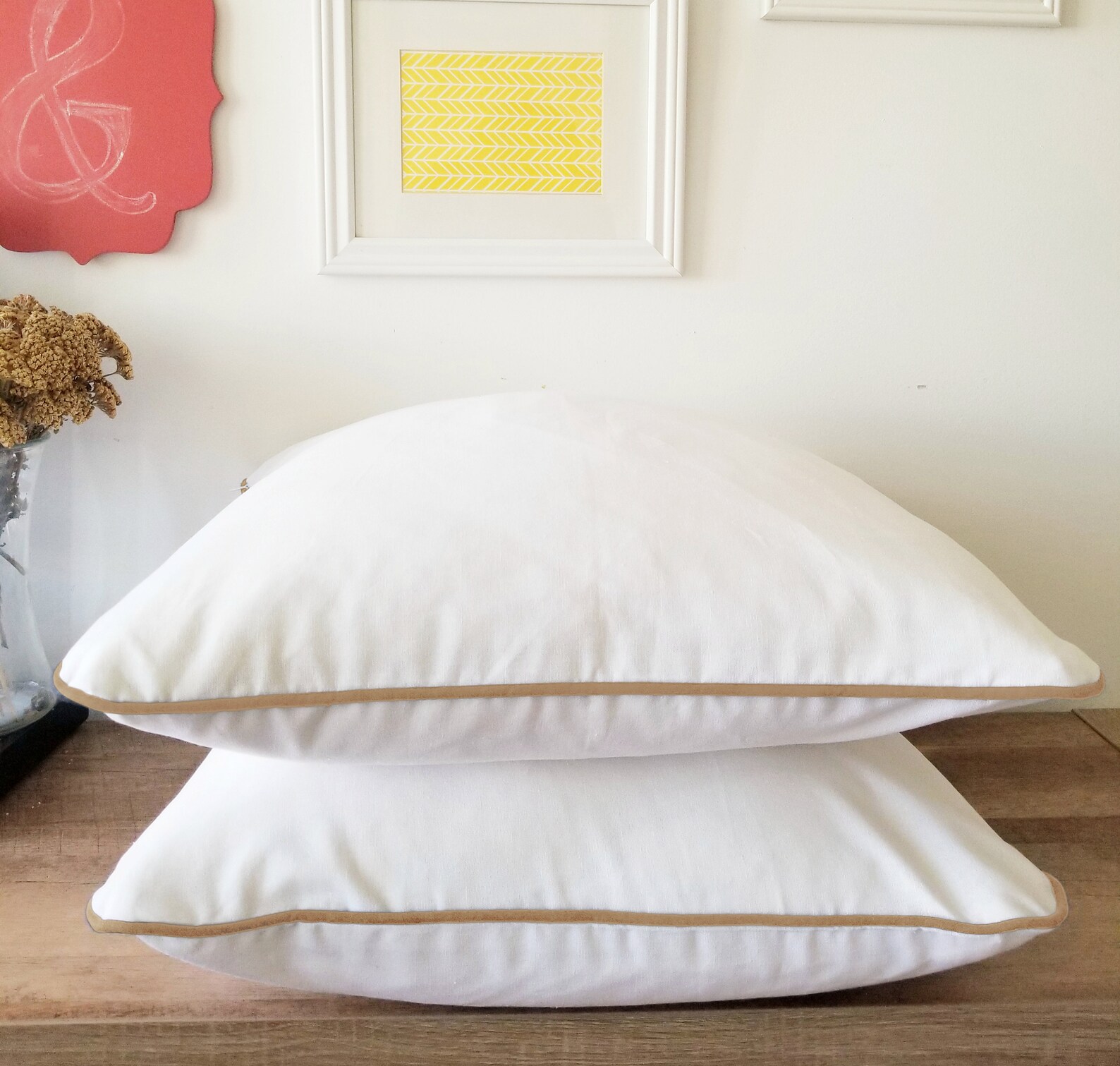 White Cotton Pillow Cover With Gold Velvet Piping Detail Etsy