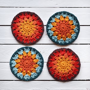 Bohemian Sunburst Coasters | Handmade Crochet Coasters | 100% Cotton | Set of 4 | Sunrise & Sunset Colors | 4.5&quot; Diameter