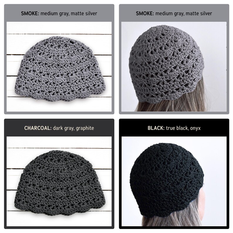 Puede incluir: Una colecci&oacute;n de gorros de ganchillo en tres colores. El gorro smoke es gris medio y plata mate, el gorro charcoal es gris oscuro y grafito, y el gorro black es negro puro y &oacute;nice. Cada gorro presenta un patr&oacute;n de abanico calado repetitivo.