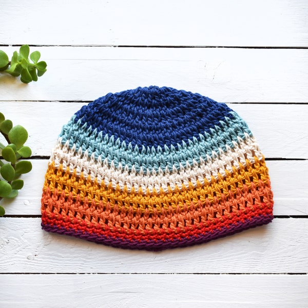 Retro Stripe Colorblock Summer Beanie | Fitted Crochet Hat | 100% Cotton Lightweight Open Breathable Weave | 21-25" Head Circumference