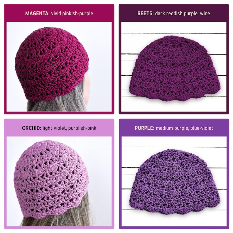 Puede incluir: Cuatro gorros de ganchillo en diferentes tonos de morado. Arriba a la izquierda magenta, arriba a la derecha remolacha, abajo a la izquierda orqu&iacute;dea y abajo a la derecha morado. Cada gorro tiene un patr&oacute;n calado y un borde festoneado.