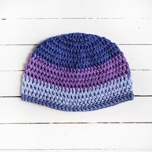Indigo Colorblock Summer Beanie | Fitted Crochet Hat | 100% Cotton Lightweight Open Breathable Weave | 2 Sizes | 21-25" Head Circumference