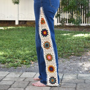 Upcycled Granny Sunburst Jeans | Women's Size 6 | Mid Rise | Reconstructed Denim with Crochet Granny Sunburst Squares | One-of-a-Kind Jeans