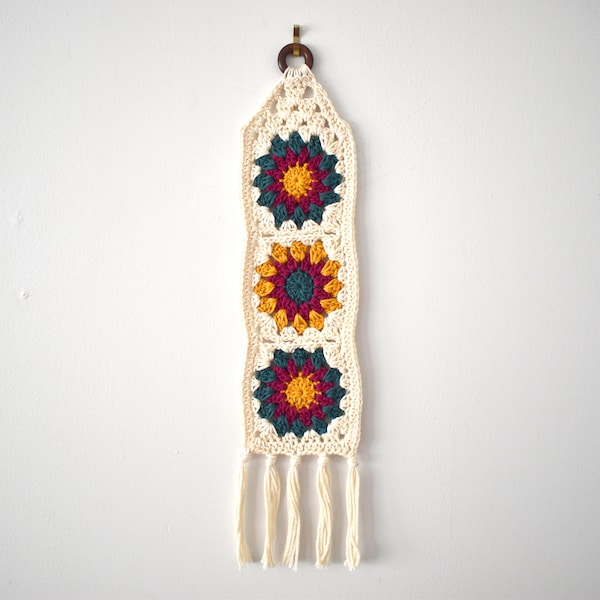 Granny Sunburst Wall Hanging | Crochet Wall Decor | Bohemian Fiber Art for Small Spaces or Gallery Walls | Lightweight Easy to Hang 4 x 17in
