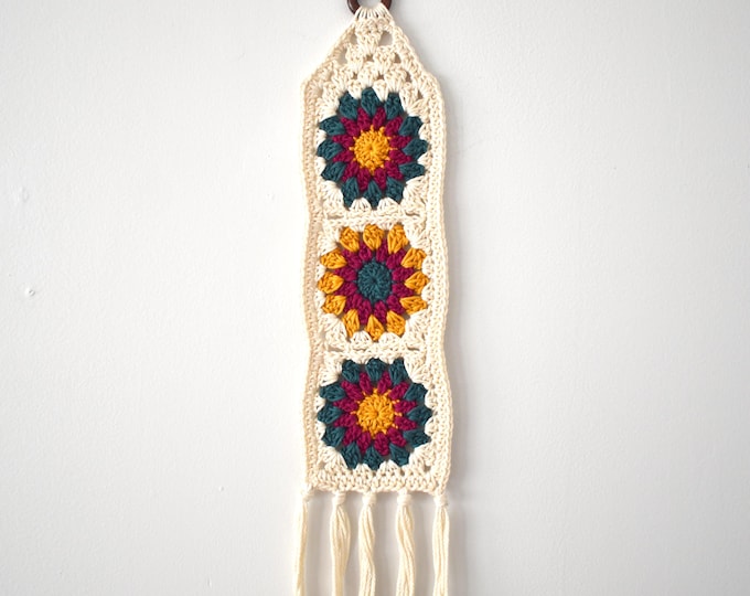 Granny Sunburst Wall Hanging | Crochet Wall Decor | Bohemian Fiber Art for Small Spaces or Gallery Walls | Lightweight Easy to Hang 4 x 17in