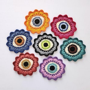 Crochet Flower Eye Applique | Large Handmade Cotton Flower Motif with Eye in Center | 7 Colors or Customizable | Size 6"w x 5.5"h