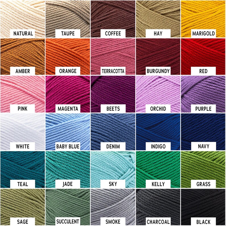 Puede incluir: Una cuadr&iacute;cula de treinta madejas de hilo en varios colores, cada una etiquetada con texto que incluye Natural, Taupe, Coffee, Hay, Marigold, Amber, Orange, Terracotta, Burgundy, Red, Pink, Magenta, Beets, Orchid, Purple, White, Baby Blue, Denim, Indigo, Navy, Teal, Jade, Sky, Kelly, Grass, Sage, Succulent, Smoke, Charcoal y Black.