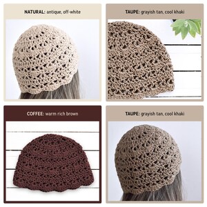 Puede incluir: Una colecci&oacute;n de cuatro gorros de ganchillo con un patr&oacute;n de puntos en forma de abanico. Los gorros se muestran en tres colores distintos: un blanco roto antiguo etiquetado NATURAL, un beige gris&aacute;ceo etiquetado TAUPE y un marr&oacute;n c&aacute;lido y rico etiquetado COFFEE.