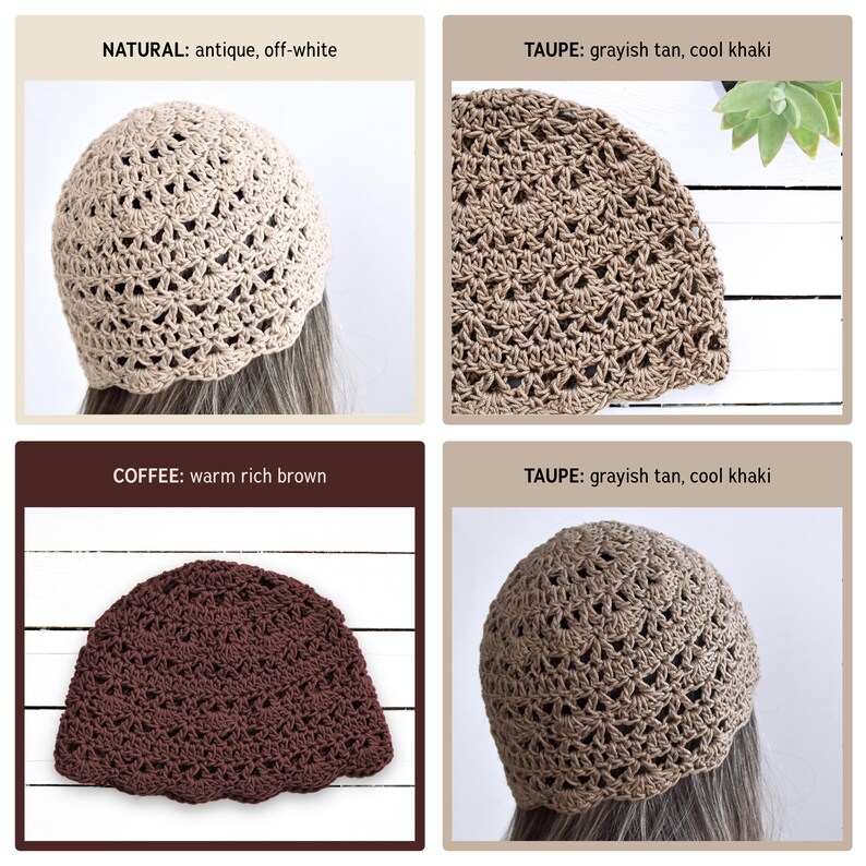 Puede incluir: Una colecci&oacute;n de cuatro gorros de ganchillo con un patr&oacute;n de puntos en forma de abanico. Los gorros se muestran en tres colores distintos: un blanco roto antiguo etiquetado NATURAL, un beige gris&aacute;ceo etiquetado TAUPE y un marr&oacute;n c&aacute;lido y rico etiquetado COFFEE.