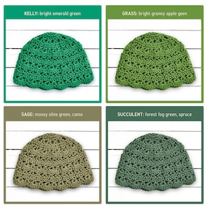 Puede incluir: Cuatro gorros de ganchillo en varios tonos de verde. Arriba a la izquierda, Kelly, un verde esmeralda brillante. Arriba a la derecha, Grass, un verde manzana brillante. Abajo a la izquierda, Sage, un verde oliva musgo. Abajo a la derecha, Succulent, un verde bosque.