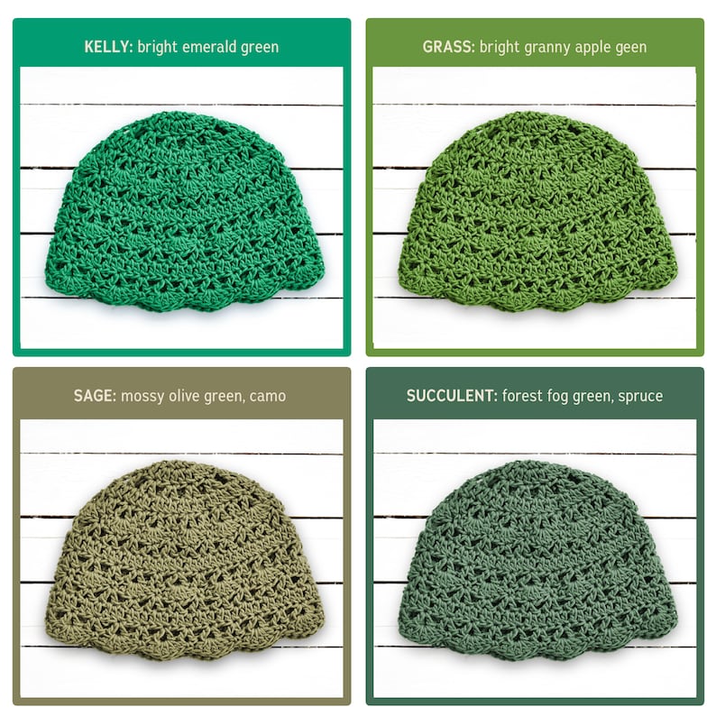 Puede incluir: Cuatro gorros de ganchillo en varios tonos de verde. Arriba a la izquierda, Kelly, un verde esmeralda brillante. Arriba a la derecha, Grass, un verde manzana brillante. Abajo a la izquierda, Sage, un verde oliva musgo. Abajo a la derecha, Succulent, un verde bosque.