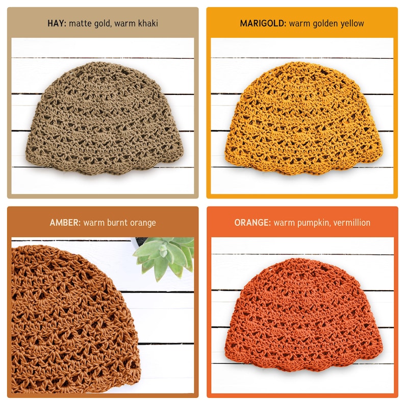 Puede incluir: Cuatro gorros de ganchillo en colores distintos: hay oro mate, marigold amarillo dorado c&aacute;lido, amber naranja quemado c&aacute;lido y orange naranja calabaza c&aacute;lido. Cada gorro presenta un patr&oacute;n de calado con borde festoneado y corona redondeada.
