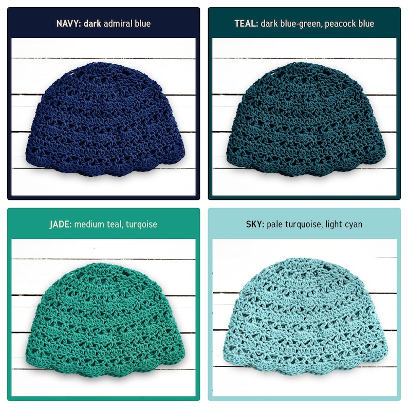 Puede incluir: Cuatro gorros de ganchillo mostrados en una cuadr&iacute;cula, cada uno con un borde festoneado y un patr&oacute;n repetitivo de punto de concha. Los colores est&aacute;n etiquetados como navy dark admiral blue, teal dark blue-green, jade medium teal y sky pale turquoise light cyan.