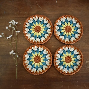 Sunflower Coasters | Set of 4 | Handmade Bohemian Crochet Coasters | 100% Mercerized Cotton | 4&quot; Diameter | Home Decor