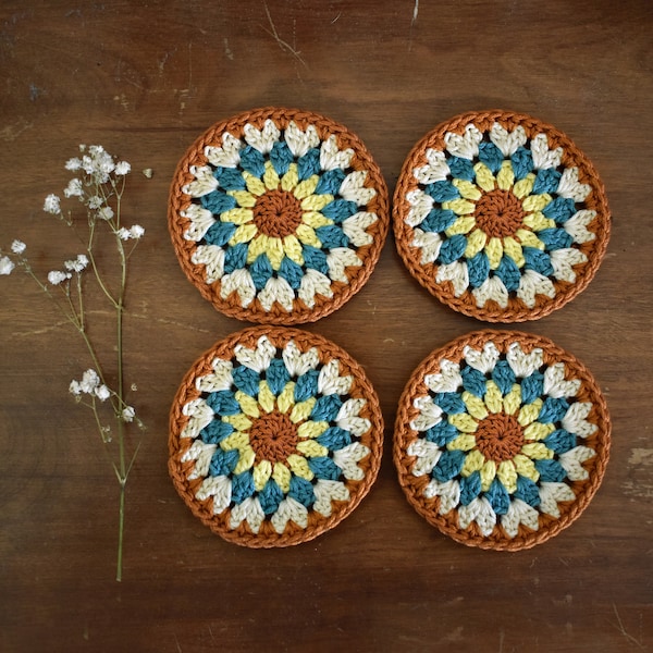 Sunflower Coasters | Handmade Crochet Bohemian Cotton Table Decor for Drinks or Small Collectibles | Set of 4 | 4in diameter