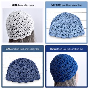 Puede incluir: Una colecci&oacute;n de cuatro gorros de ganchillo con un patr&oacute;n de borde festoneado. Los gorros se muestran en colores blanco, azul beb&eacute;, mezclilla e &iacute;ndigo. Cada gorro presenta un dise&ntilde;o de punto calado detallado con corona redondeada y dobladillo festoneado.
