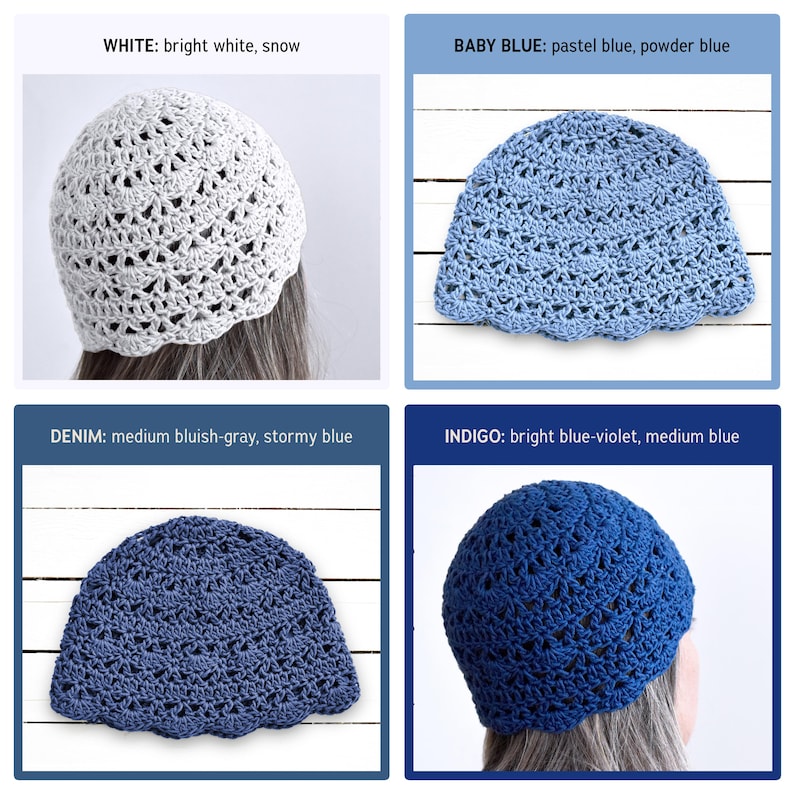 Puede incluir: Una colecci&oacute;n de cuatro gorros de ganchillo con un patr&oacute;n de borde festoneado. Los gorros se muestran en colores blanco, azul beb&eacute;, mezclilla e &iacute;ndigo. Cada gorro presenta un dise&ntilde;o de punto calado detallado con corona redondeada y dobladillo festoneado.
