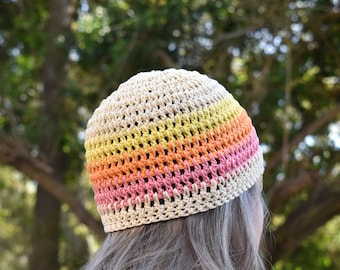 Gorro de verano con bloques de color tropical / Gorro de crochet ajustado 100 % algodón / Gorra ligera y transpirable / 2 tallas