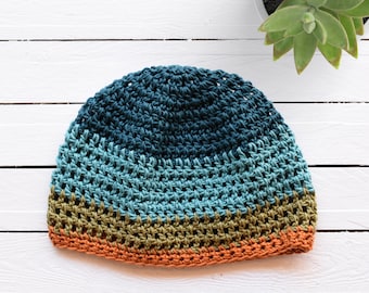 Pacific Colorblock Summer Beanie | Fitted Crochet Hat | 100% Cotton Lightweight Open Breathable Weave | 2 Sizes | 21-25" Head Circumference