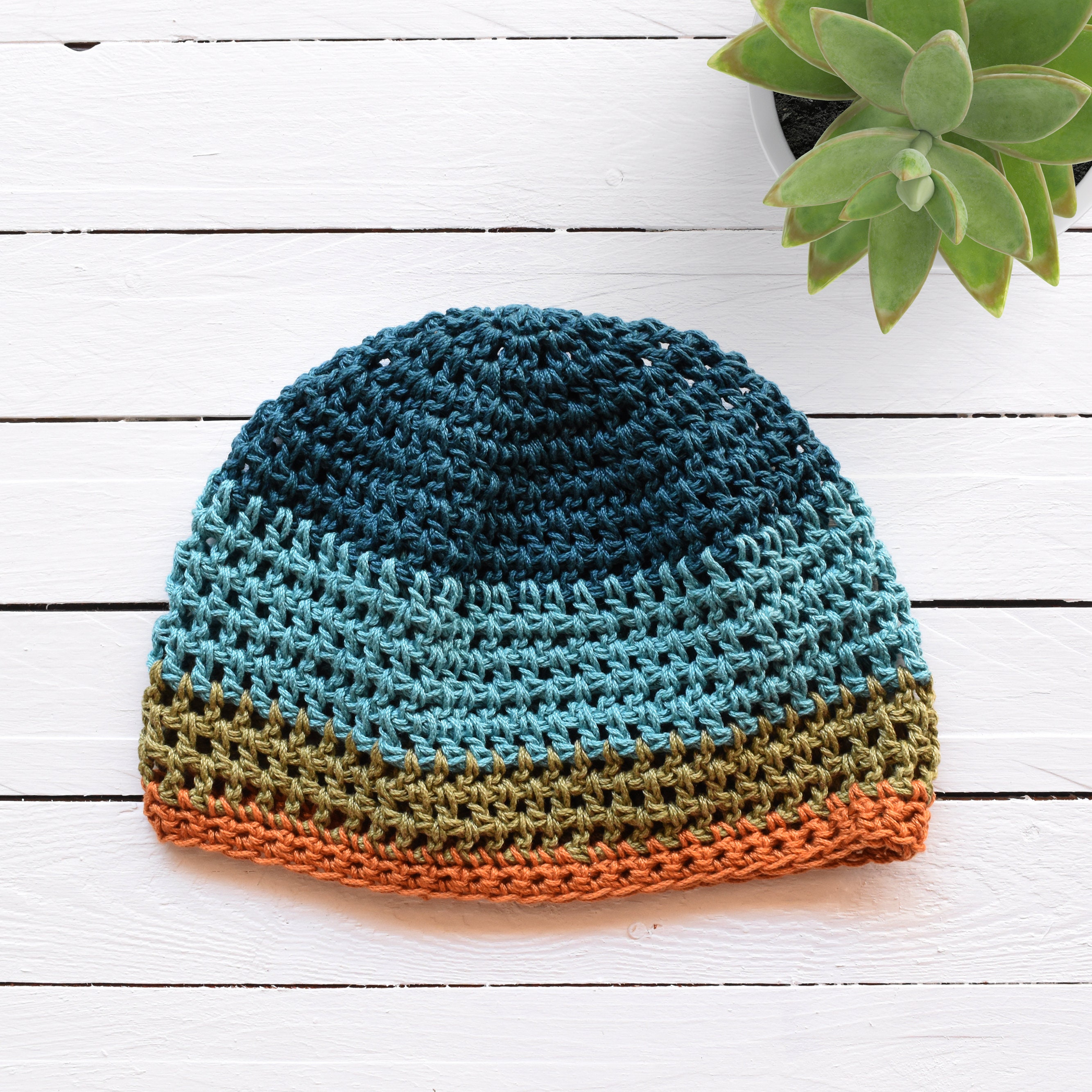 Pacific Colorblock Summer Beanie | Fitted Crochet Hat | 100% Cotton Lightweight Open Breathable Weave | 2 Sizes | 21-25" Head Circumference