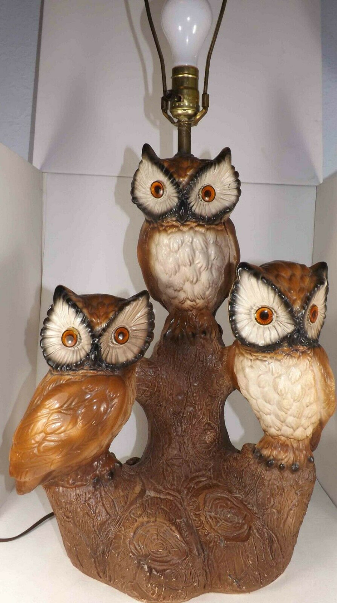 Table Lamp - Three Owls - Vintage - Chalkware - Plaster - Mid