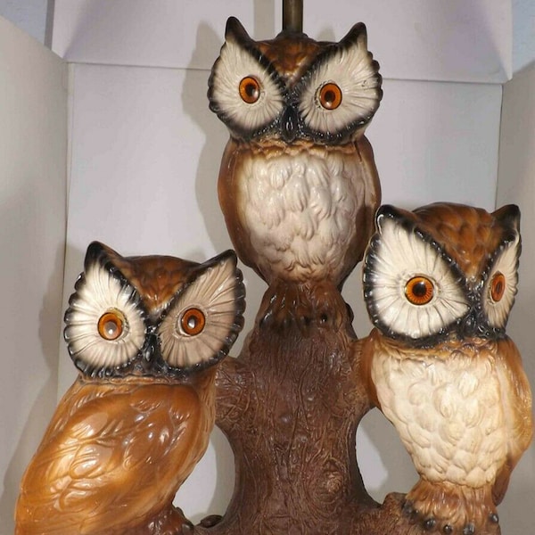 Table Lamp - Three Owls - Vintage - Chalkware - Plaster - Mid-Century Modern - Retro - Wildlife - Bird of Prey - Lamp for Nursery