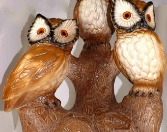 Table Lamp - Three Owls - Vintage - Chalkware - Plaster - Mid