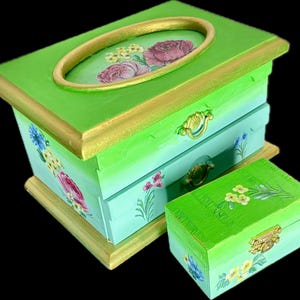 Vintage Painted Green and Blue Jewelry Box with Bonus Trinket Box