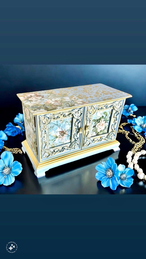 Blue Magnolia Painted Vintage Music Jewelry Box, U