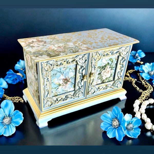 Blue Magnolia Painted Vintage Music Jewelry Box, Upcycled Jewelry Box, Magnolia Jewelry Box, Jewelry Armoire, Jewelry Cabinet, Jewelry Chest