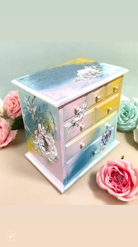 Painted Vintage Floral Texture Jewelry Box Wooden 