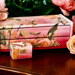 Painted Vintage Mele Brand Pink Ombré Jewelry Box with Bonus Trinket Box, Handpainted, Unique, Artistic, Jewelry Armoire, Upcycled, Floral