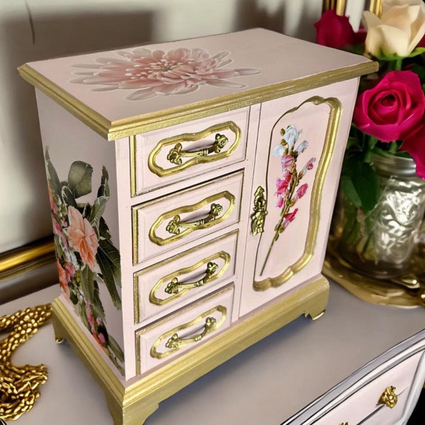 Pink Floral Painted Vintage Jewelry Box, Upcycled, Handpainted, Mother’s Day gift, jewelry armoire, jewelry cabinet, jewelry chest, gold