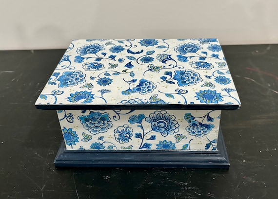 Blue and White Upcycled Vintage Jewelry Box, pain… - image 1