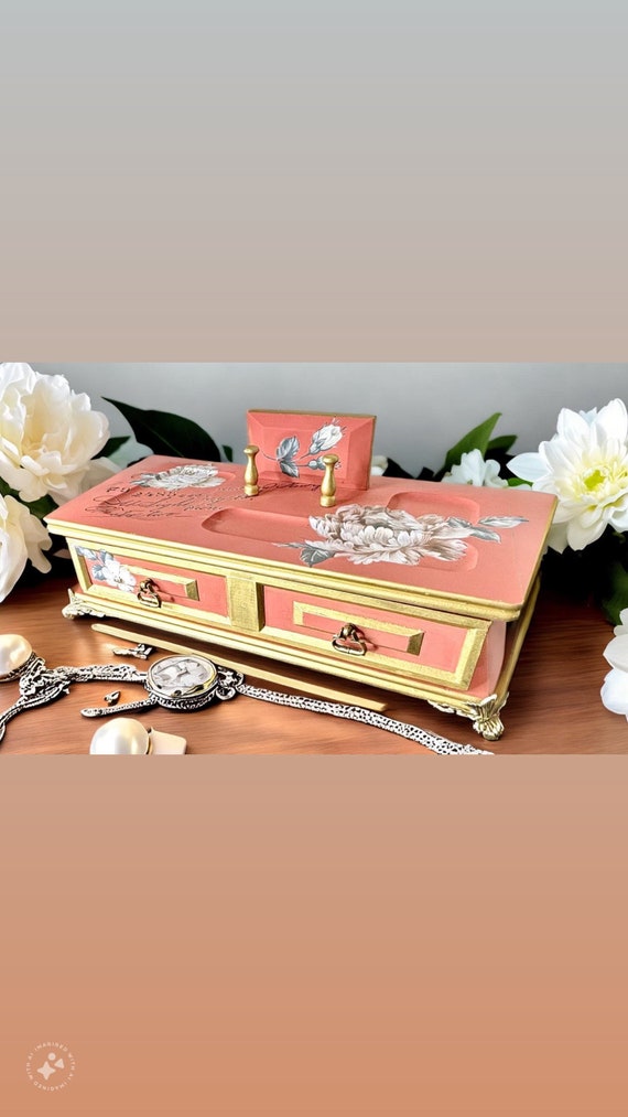 Coral Painted Vintage Jewelry Valet, Jewelry Box, 