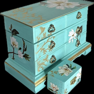 Blue Green Painted Vintage Wooden Jewelry Box with Bonus Trinket Box