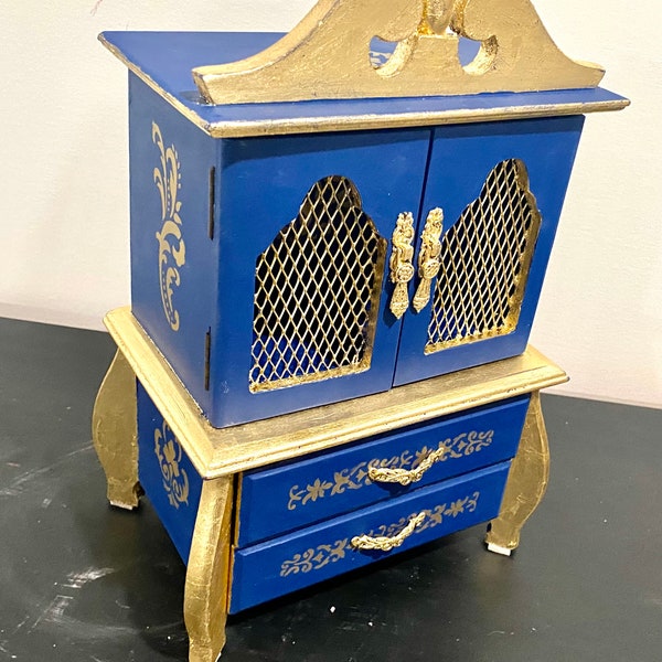 Blue and Gold Painted Vintage Jewelry Box, Glam Gold Jewelry Box, Gift for Girlfriend, Panted Vintage Jewelry Box Earring Box, Ring Box