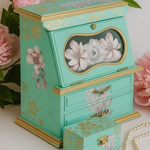 Painted Vintage Green Wooden Jewelry Box with Bonus Trinket Box, artistic, Unique, Handpainted, Jewelry Armoire, Jewelry Cabinet, Cottage