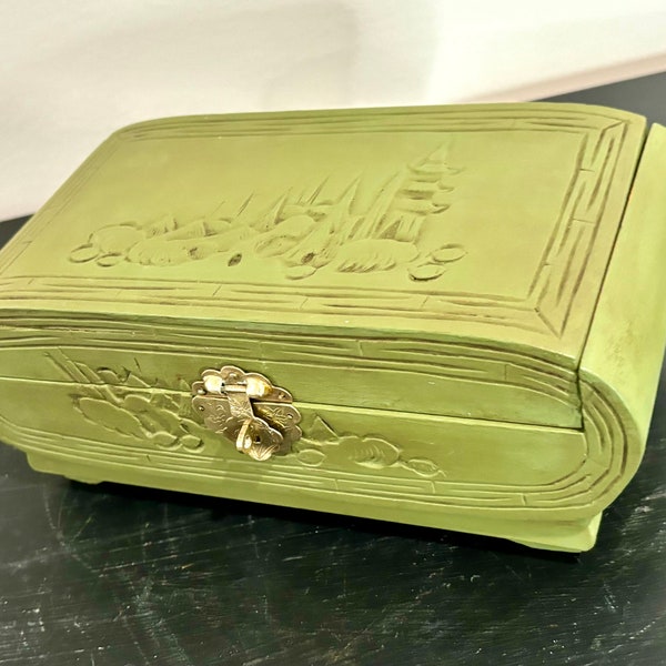 Asian Inspired Painted Vintage Jewelry Box Green Jewelry Box Valentine day gift carved jewelry box aged jewelry box handmade gift armoire