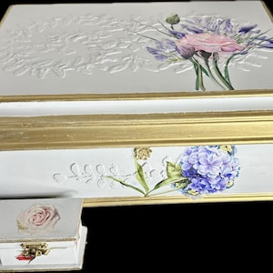 Vintage Painted White Floral Jewelry Box with Bonus Trinket Box, Handpainted , Upcycled, Artistic Jewelry Box, Jewelry Armoire, Gift for Her