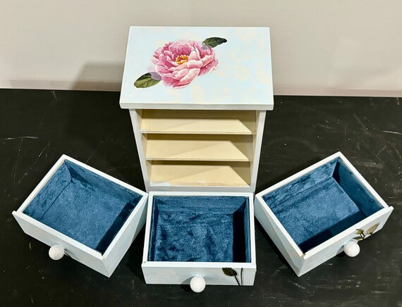 Blue Painted Trinket Box, Vintage Jewelry Box, Pa… - image 9