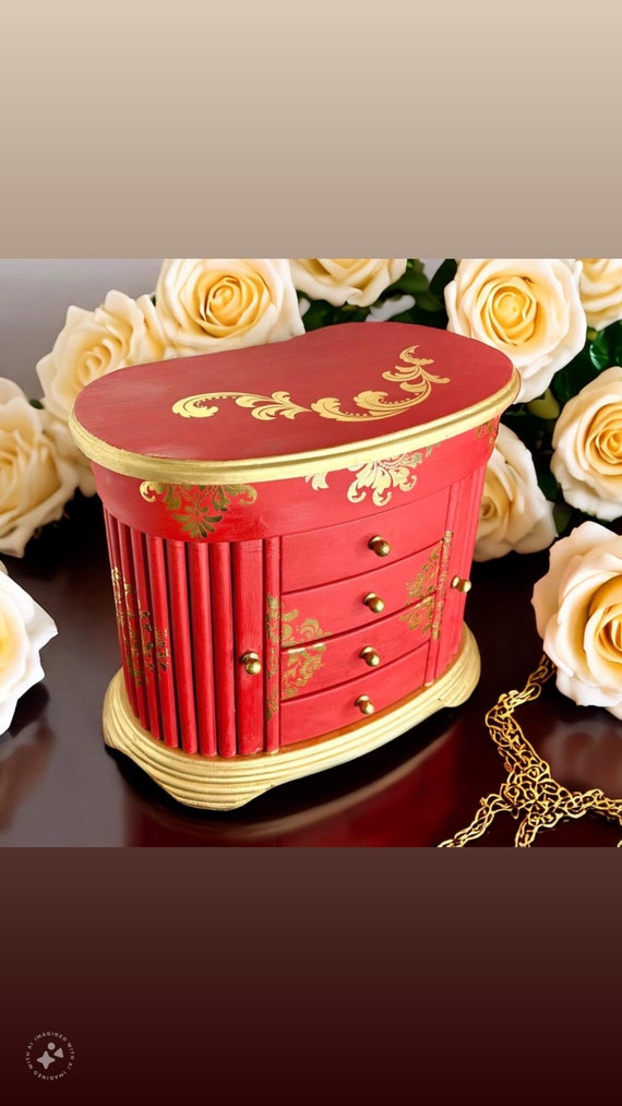 Red and Gold Vintage Painted Jewelry Box, Jewelry 