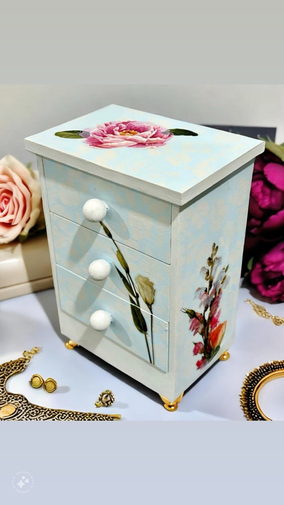 Blue Painted Trinket Box, Vintage Jewelry Box, Pa… - image 1