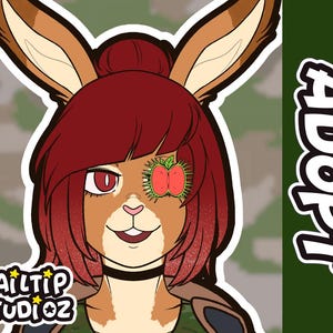 May include: A digital illustration of a rabbit character with brown fur, red hair, and a red eye. The rabbit has a black choker and a decorative eye patch. The word "ADOPT" is written vertically on the right side, and the logo "TAILTIP STUDIOZ" is at the bottom.