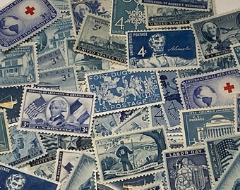 100  unused VINTAGE BLUE  postage stamps vintage unused postage US commemoratives shades of blue invitations weddings standouts