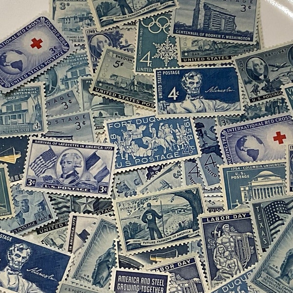 100  unused VINTAGE BLUE  postage stamps vintage unused postage US commemoratives shades of blue invitations weddings standouts